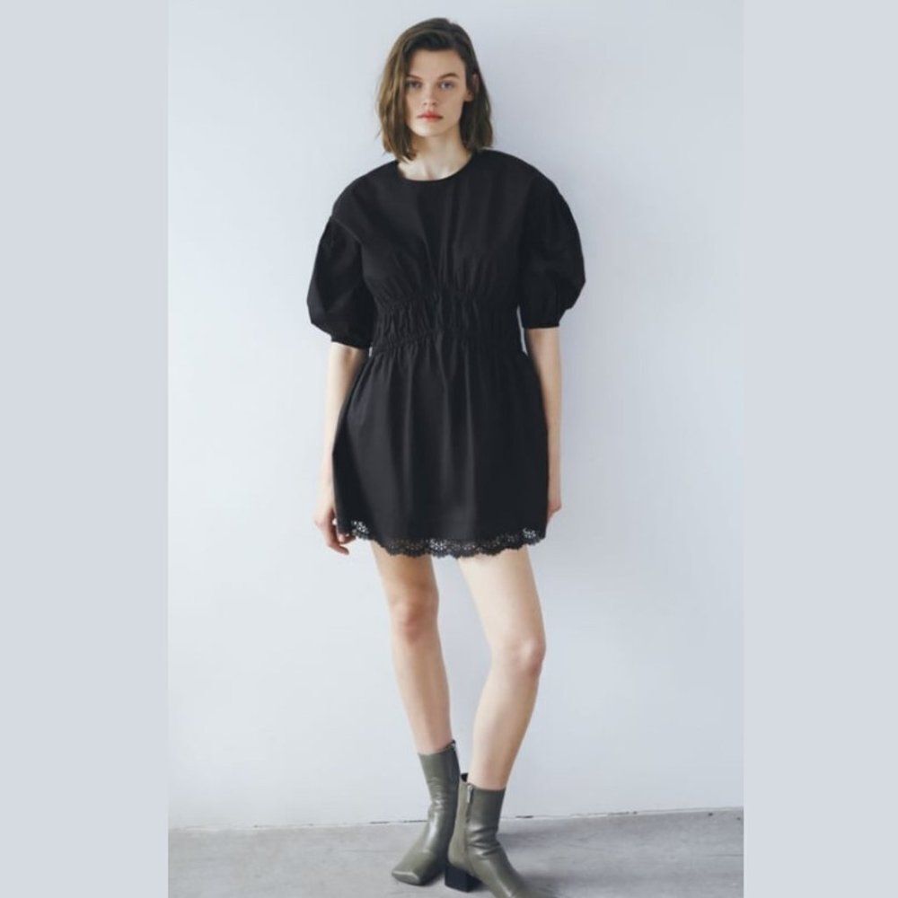 Zara Women's Crew Neck Puff Sleeve Lace Trim Mini Dress - XS